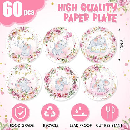 7 Inch Pink Elephant Baby Shower Paper Plates 60 Pcs It's a Girl Tableware Decorations Baby Shower Plate for Girl Gender Reveal Plates Party Supplies for Pink Floral Party