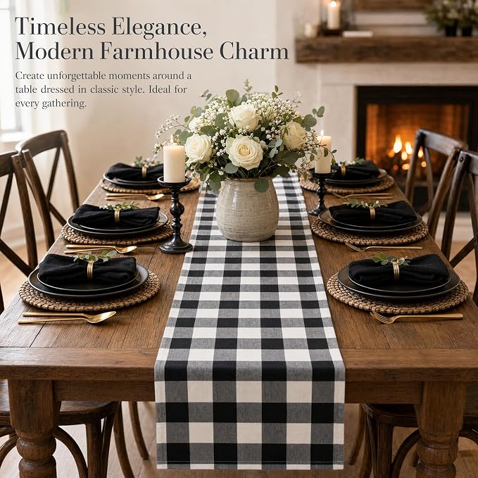 ShinyBeauty 4 Packs Black & White Plaid Table Runners 13x72” Gingham Runner | - Image 2