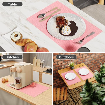 Cloth Placemats, Set of 4 Heat-Resistant Cotton Linen Blend Double Layered Machine Washable Place Mats, Wrinkle Free Thick Fabric Dining Table Mats for Indoors & Outdoors (Baby Pink, 4)