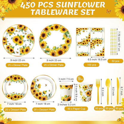 450 Pcs Sunflower Birthday Tableware Set Decorations, Serves 50 | Floral Paper - Image 2