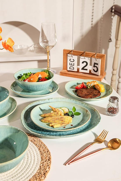 Modern Plates and Bowls Sets 12-Piece Ceramic Dinnerware Set for 4 Blue Kitchen Plates and Bowls Microwave Dishwasher and Oven Safe Stackable Tableware Dinnerware Sets for Everyday Use