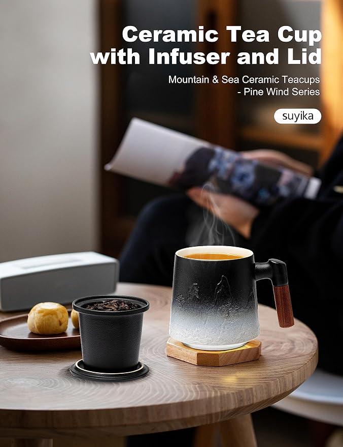 suyika Ceramic Tea Cup with Infuser and Lid, Gradient Embossed Large Tea Mug - Image 6