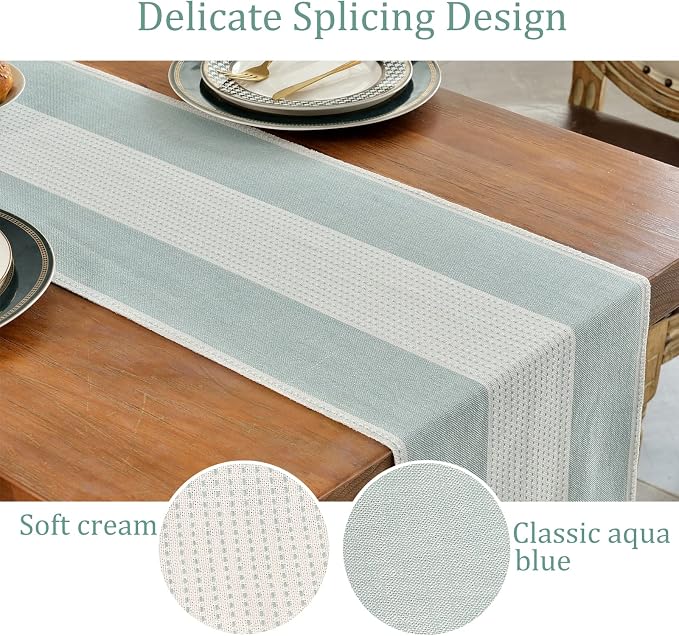 Wracra Linen Table Runner, Stripe Table Runners 60 Inches Long Aque Blue | - Image 3