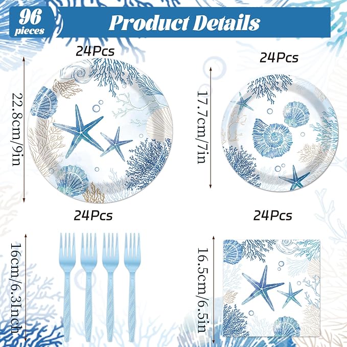 Rakuto Ocean Themed Party Decorations 96PCS Plates Napkins Forks Set | Beach - Image 2