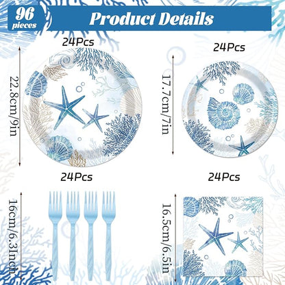 Rakuto Ocean Themed Party Decorations 96PCS Plates Napkins Forks Set | Beach - Image 2