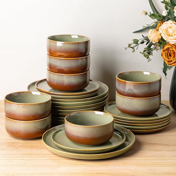 Ceramic Dinnerware Set for 8, 24-Piece Plates and Bowls Set | Handmade Reactive by TheTerra