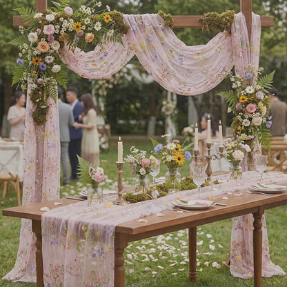 Pink Floral Table Runner 10ft Embroidery Tulle Spring Wildflower Table Runner - Image 3