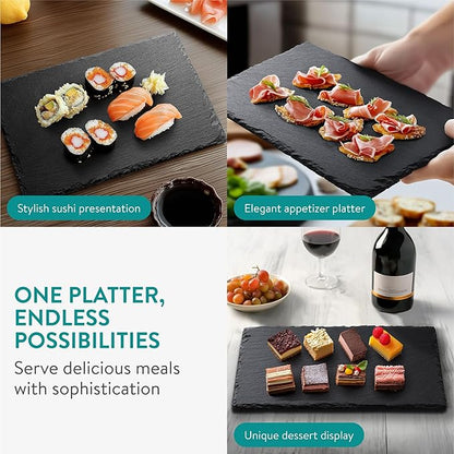 Navaris Slate Plates - Food Contact Safe Black Stone Plates - Cheese Platter Charcuterie Boards Serving Plate - Stone Slate Slab Cheese Board - Set of 2-15" x 11" (38 x 28 cm)