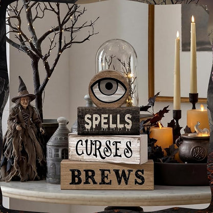 Moucuny 4 Pcs Halloween Table Decor Witchy Wooden Stacked Block Decor, "Spells - Image 5