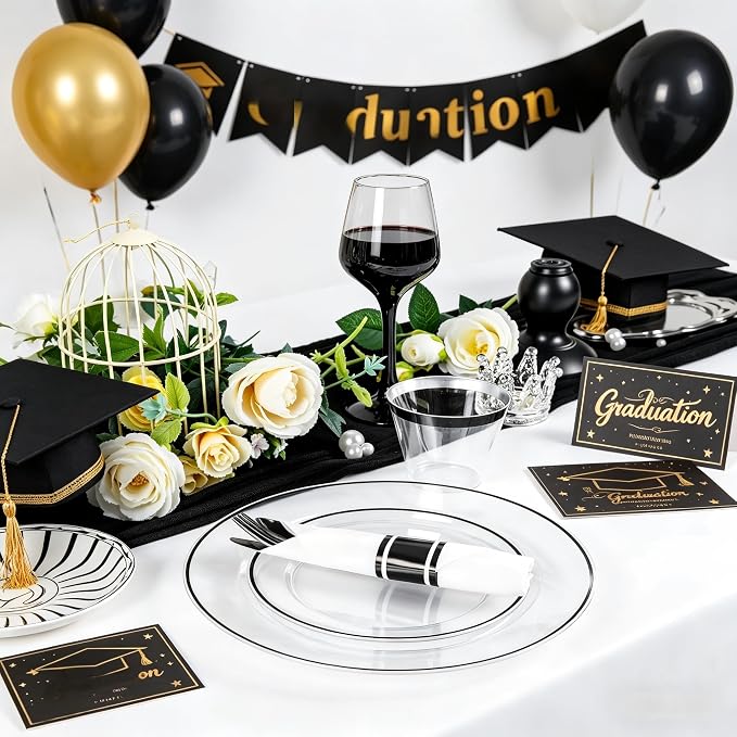 SUT 175 Pcs Black and Clear Plastic Dinnerware Set - Image 7