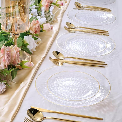 FOCUSLINE 60Pcs Clear Plastic Plates, Clear Disposable Plates with Gold Rim, 30 7" Salad Dessert Plate and 30 10" Dinner Plate Heavy-duty Hammered Plates for Party, Wedding