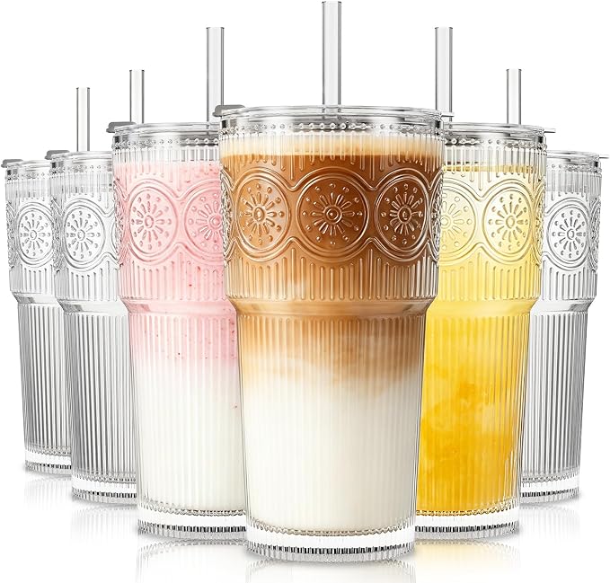 SoulTimes 20oz Ribbed & Floral Glass Tumbler by SoulTimes