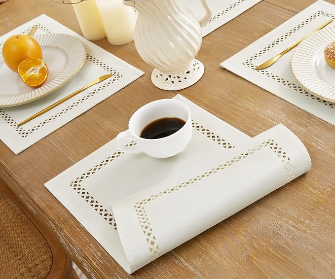 Farmhouse Burlap Hollow Placemats Set of 4, 12 x18 Inch Off White | Double Layer - Image 4