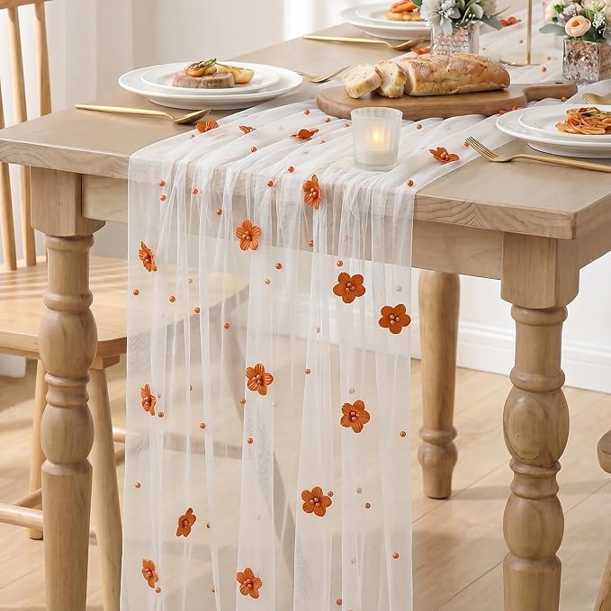 Artoid Mode Caramel Flower Pearl White Gauze Table Runner 10FT, Seasonal Sheer - Image 3