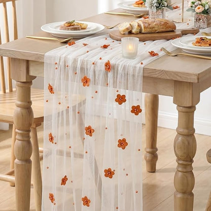 Artoid Mode Caramel Flower Pearl White Gauze Table Runner 10FT, Seasonal Sheer - Image 3