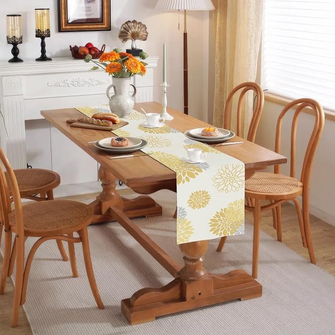 Yellow Gray Table Runner Dahlia Pinnata Flower Beige Table Runners Modern - Image 4