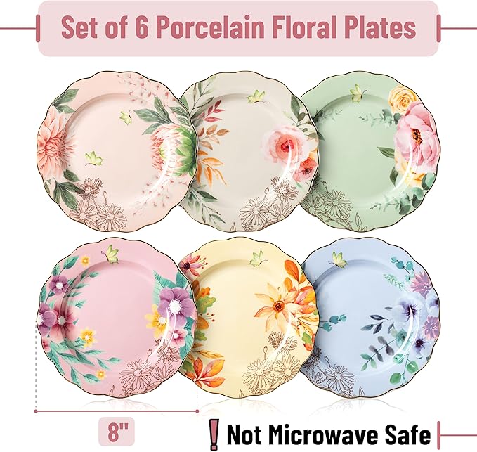 BTaT- Porcelain Floral Plates Set, 6 Pack, 8 Inch | Royal Dessert Appetizer - Image 2