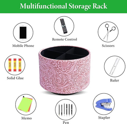 lizimandu Round Leather Art Supply Organizer,Remote Control Holder,360 Degree Spinning,Multi-Functional Pencil Holder,4 Compartments Desktop Stationary Organizer(1-Carved Pink)