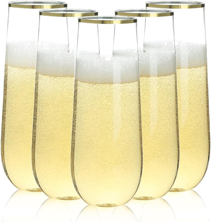 Bestluck 24 Pack 9 oz Stemless Plastic Champagne Flutes Gold Rim | Clear by Bestluck