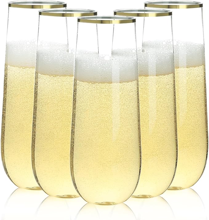 Bestluck 48 Pack 9 oz Stemless Plastic Champagne Flutes Gold Rim | Clear by Bestluck
