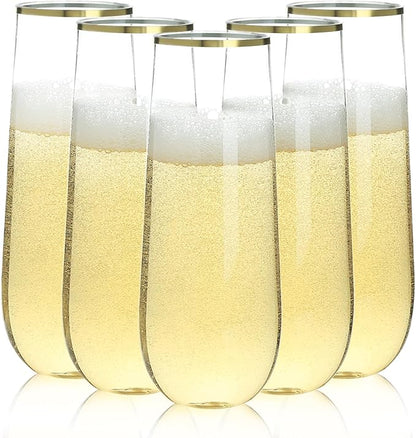 Bestluck 48 Pack 9 oz Stemless Plastic Champagne Flutes Gold Rim | Clear by Bestluck