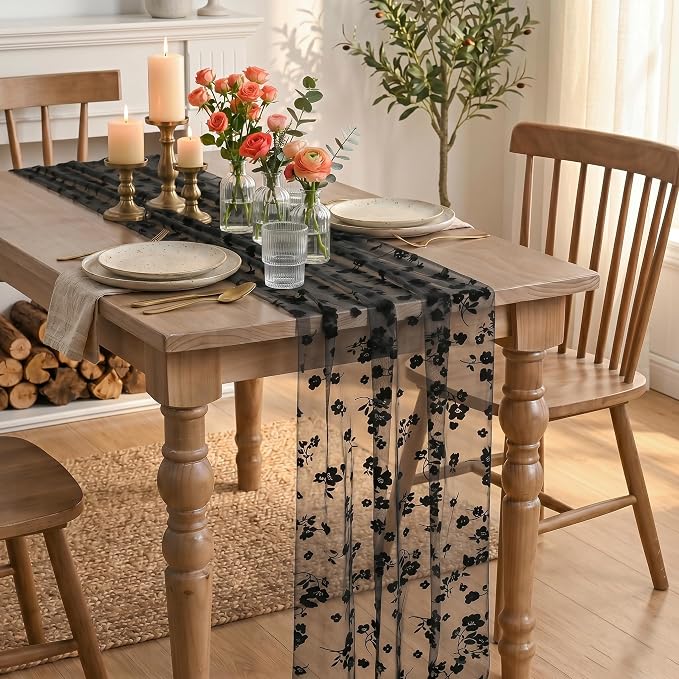 Artoid Mode Black Gauze Flocking Flowers Table Runner 10FT, Halloween Sheer - Image 4