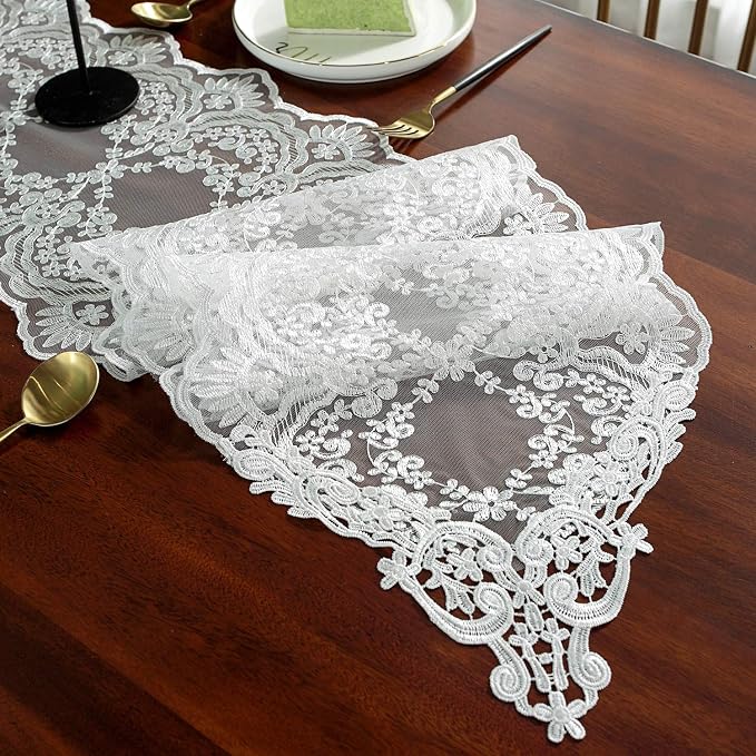 SUTAVIA Lace Patio Table Runner 12"×70" White Embroidered Dresser Scarf | by SUTAVIA