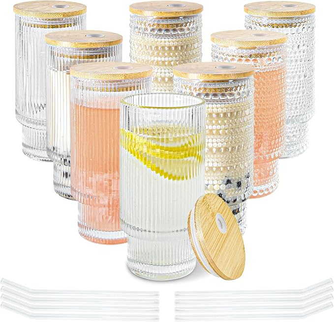 Glass Cups with Lids and Straws 16 oz Drinking Glasses Set of 8 | Ribbed by ICESIP
