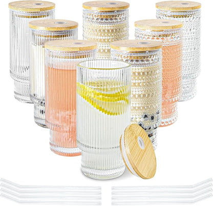 Glass Cups with Lids and Straws 16 oz Drinking Glasses Set of 8 | Ribbed by ICESIP
