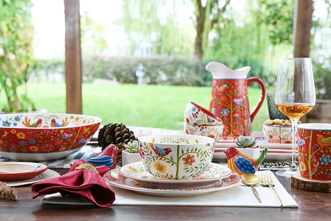 Bico Red Spring Bird Pasta Bowls, 35oz Salad Bowl Set of 4, Large Ceramic - Image 3
