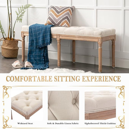 Bonzy Home 47” Bedroom Bench,French Vintage Tufted Entryway Benches Upholstered Dining Benches with Cushion,Linen Fabric End of Bed Bench for Bedroom Living Room Entryway,Beige