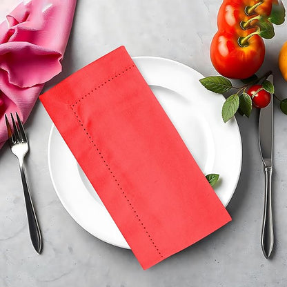 Urban Villa Cloth Napkins Set of 12 20"x20" 100% Cotton Hemstitch Napkins Cloth Washable Durable Reusable Absorbent Table Dinner Napkins Cloth for Christmas Hotel Lunch Restaurant Weddings Parties–Red
