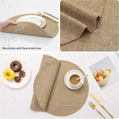 homing 15 Inch Round Cloth Placemats Set of 6, Cotton Linen Blend Washable Table Mats, Farmhouse Dining Place Mats for Indoors & Outdoors, Easy to Clean, Linen