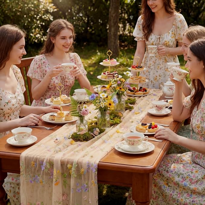 Champagne Floral Table Runner 10ft Embroidery Tulle Spring Wildflower Gauze - Image 2
