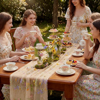 Champagne Floral Table Runner 10ft Embroidery Tulle Spring Wildflower Table - Image 3
