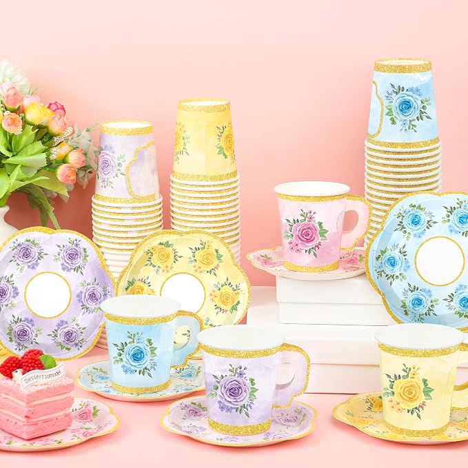 24 Sets Floral Paper Tea Cups and Saucers Disposable Tea Party Supplies - Image 6