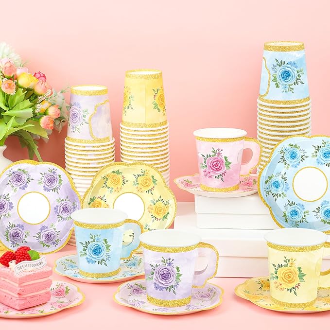 48 Sets Floral Paper Tea Cups and Saucers Disposable Tea Party Supplies - Image 6