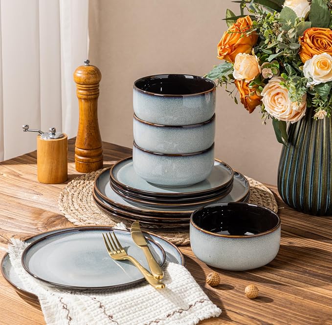 LeRATIO Ceramic Dinnerware Set of 4, Poreclain Plates, Handmade Reactive Glaze by LeRatio