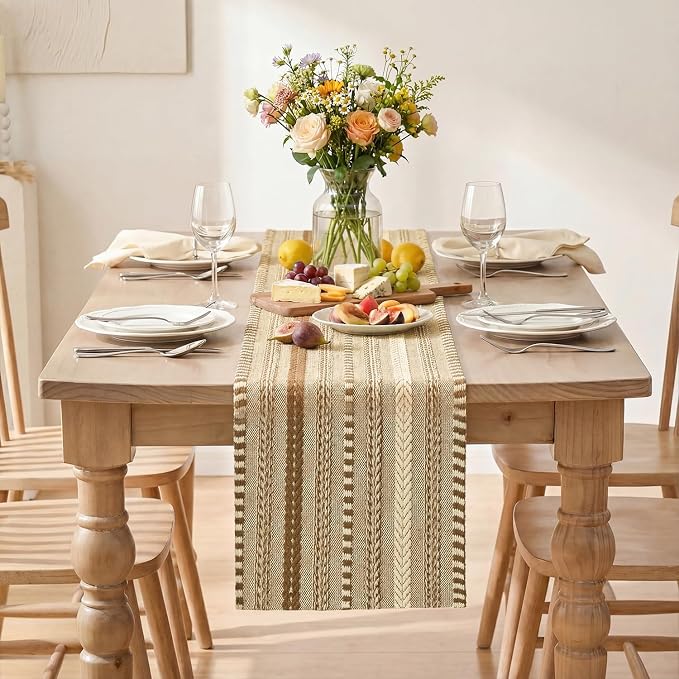 Artoid Mode Coffee Farmhouse Stripe Braided Table Runner 12x120 Inch | Holiday - Image 2
