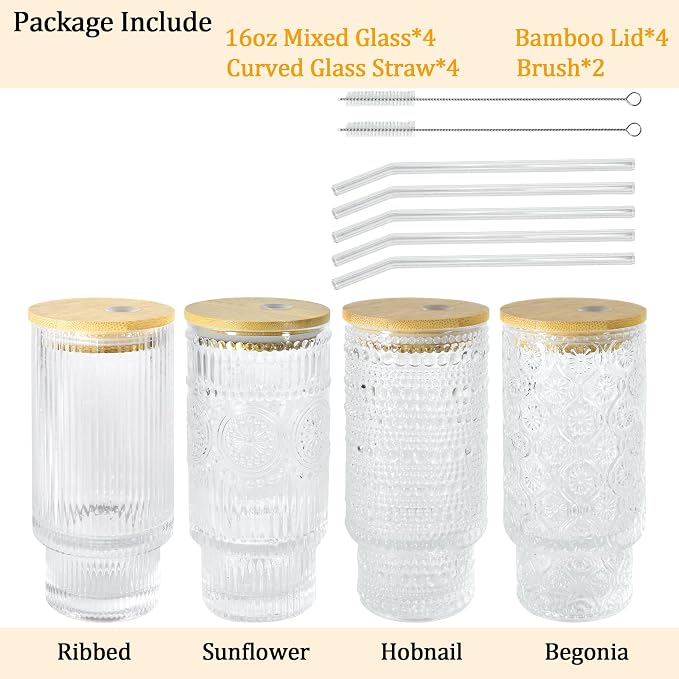Glass Cups with Lids and Straws 16 oz Vintage Drinking Glasses Set | Embossed - Image 7