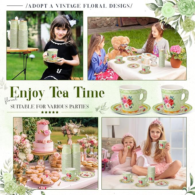 Nuogo 200 Pcs Floral Paper Tea Cups and Saucers 7 oz Disposable Paper Teacups - Image 6