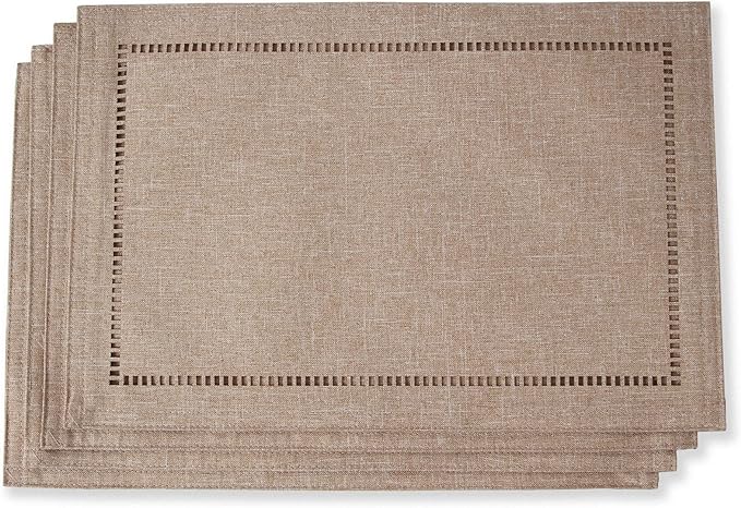 Tosewever Set of 4 Decorative Linen Placemats 12 x 18 Inches, Farmhouse Style Table Mats for Everyday Dining Wedding Party Holiday Home Decor (4 Pieces 12 x 18”, Light Coffee/Straight)
