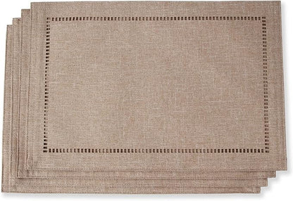 Tosewever Set of 4 Decorative Linen Placemats 12 x 18 Inches, Farmhouse Style Table Mats for Everyday Dining Wedding Party Holiday Home Decor (4 Pieces 12 x 18”, Light Coffee/Straight)