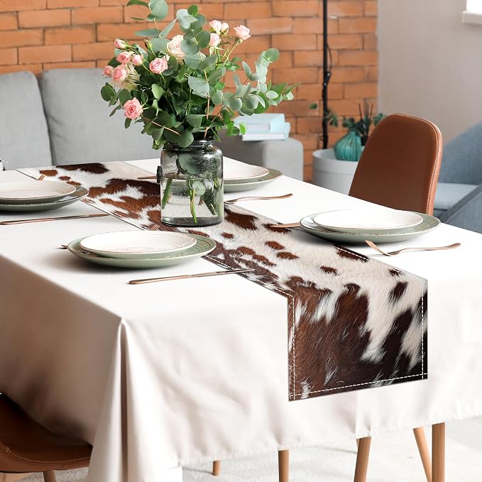 Linen Cow Print Table Runner 13x71 Inch Farmhouse Western White Brown Cowhide - Image 4