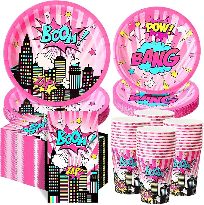 Funnymoom 250 Pcs Girl Hero Birthday Decoration Pink Comic Girl Hero Paper by Funnymoom