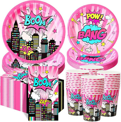 Funnymoom 250 Pcs Girl Hero Birthday Decoration Pink Comic Girl Hero Paper by Funnymoom