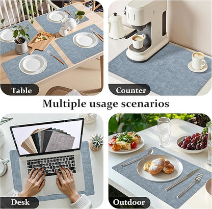 FROMHEART Faux Leather Placemats Set of 8–Waterproof,Heat/Oil Stain-Resistant PU Table Mat–Reversible,Non-Slip,Easy to Clean Place Mats for Kitchen,Dining,Indoor/Outdoor,(Light Blue,11.8" x 17")