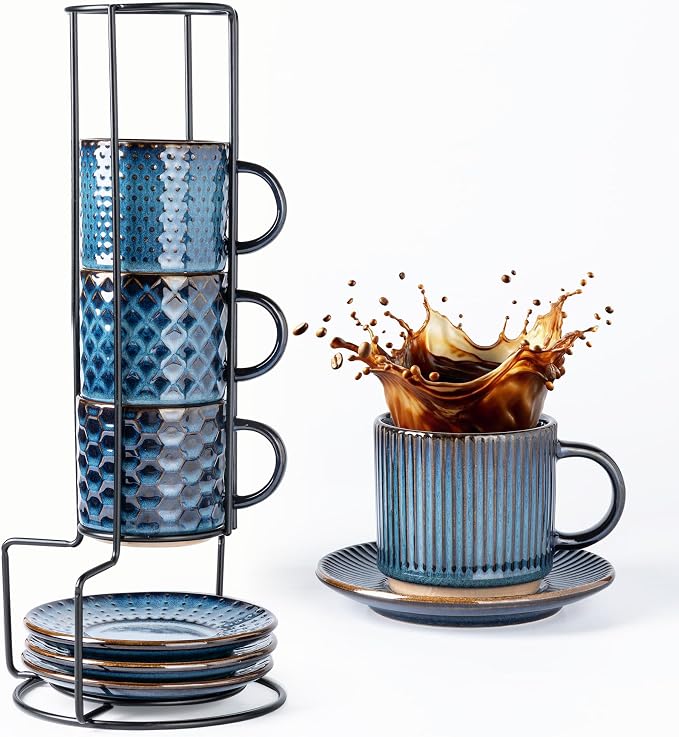 GBhome 6 OZ Stackable Coffee Mugs Set of 4, Ceramic Espresso Coffee Cups | by GBhome
