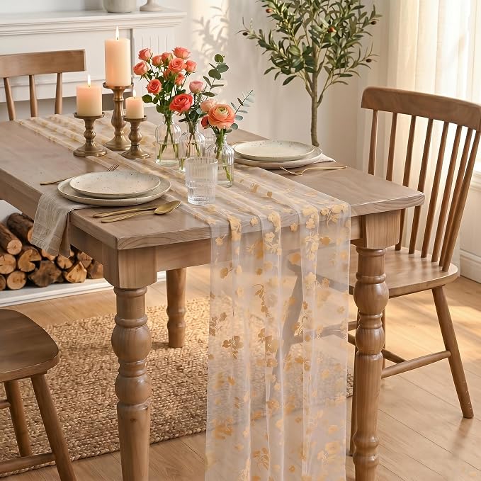 Artoid Mode Pink Gauze Flocking Flowers Table Runner 10FT, Spring Sheer Dining - Image 4