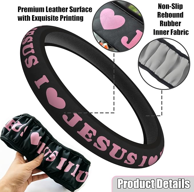 Christian I Love Jesus Pink Steering Wheel Cover - Image 3